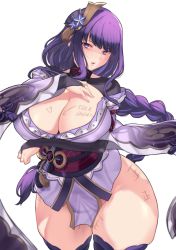 Rule 34 | 1girl, aster crowley, body writing, braid, breasts, cleavage, cowboy shot, genshin impact, hair ornament, highres, japanese clothes, kimono, large breasts, long hair, looking at viewer, mole, mole under eye, no panties, parted lips, purple eyes, purple hair, purple kimono, purple thighhighs, raiden shogun, simple background, thick thighs, thighhighs, thighs, white background, writing on breasts