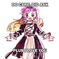 Rule 34 | 1girl, :d, blush, brown eyes, brown hair, dress, dungeon toaster, english text, gradient hair, hijiri byakuren, hug invitation, long hair, long sleeves, looking at viewer, meme, multicolored hair, open mouth, outstretched arms, purple hair, simple background, sketch, smile, touhou, white background, white dress