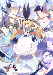 Rule 34 | 1girl, ace (playing card), ace of clubs, ace of diamonds, ace of hearts, ace of spades, alternate hairstyle, apron, black bow, black footwear, blonde hair, blue dress, bow, card, checkerboard cookie, clock, club (shape), cookie, diamond (shape), dress, elizabeth tower, food, four of clubs, four of spades, frilled apron, frilled legwear, frills, full body, green eyes, hair ribbon, heart, long hair, looking at viewer, mononobe alice, mononobe alice (1st costume), nekopote, nijisanji, playing card, rabbit, ribbon, short sleeves, signature, smile, spade (shape), three of diamonds, two of hearts, two side up, very long hair, virtual youtuber, white apron