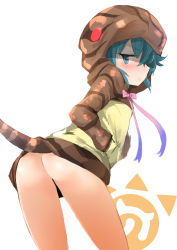 Rule 34 | 10s, 1girl, :&lt;, ass, blue eyes, blue hair, closed mouth, cowboy shot, hair between eyes, hands in pockets, highres, hood, hood up, hoodie, japari symbol, kemono friends, looking at viewer, looking back, muoto, simple background, snake tail, solo, tail, thighs, tsuchinoko (kemono friends), white background