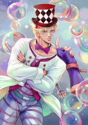 Rule 34 | 1boy, blonde hair, bow, bowtie, bubble, caesar anthonio zeppeli, crossed arms, facial mark, green eyes, hat, highres, jojo no kimyou na bouken, male focus, pants, severed limb, solo, striped clothes, striped pants, sweatdrop, top hat, toujou shufu, wrench