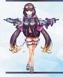 Rule 34 | 1girl, battle rifle, bikini, blunt bangs, breasts, brown hair, bullpup, cleavage, commentary request, dual wielding, eyewear on head, fate/grand order, fate (series), full body, gun, handgun, highres, holding, holster, large breasts, light brown hair, long hair, looking at viewer, low twintails, moriyama daisuke, multicolored hair, navel, official art, open mouth, osakabehime (fate), osakabehime (swimsuit archer) (fate), pistol, red eyes, rifle, safety glasses, sandals, scarf, smile, solo, swimsuit, thigh holster, twintails, twitter username, weapon, white background