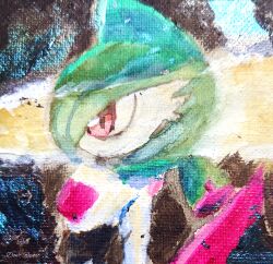 Rule 34 | acrylic paint (medium), artist name, black skin, blue hair, colored skin, creatures (company), english text, from side, game freak, gardevoir, gen 3 pokemon, green hair, highres, humanoid robot, iron valiant, kimidori (n700t32), medium hair, mohawk, multicolored skin, nintendo, painting (medium), pokemon, pokemon (creature), profile, red eyes, red hair, robot, split theme, traditional media, twintails, two-tone skin, upper body, watermark, white skin