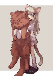Rule 34 | 1girl, :o, animal, animal ears, cat, cat ears, cat girl, cat tail, dress, holding, holding animal, indie virtual youtuber, kokkovvv, light brown hair, long hair, long sleeves, looking at viewer, nachoneko, open mouth, oversized animal, short dress, sleeves past fingers, sleeves past wrists, slippers, tail, virtual youtuber, white dress