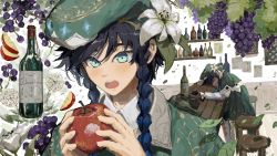 Rule 34 | 1boy, androgynous, apple, apple slice, argyle, argyle clothes, argyle legwear, bad id, bad twitter id, beer mug, beret, black hair, blue hair, blush, bottle, braid, cape, chair, chasefox, closed eyes, collared cape, collared shirt, commentary, cup, dandelion, english commentary, flower, food, frilled sleeves, frills, fruit, genshin impact, gradient hair, grapes, green eyes, green hat, green shorts, hat, hat flower, head on table, high chair, highres, holding, holding food, holding fruit, leaf, looking at viewer, male focus, mug, multicolored hair, open mouth, pantyhose, poster (object), shirt, short hair with long locks, shorts, simple background, smile, solo, twin braids, venti (genshin impact), white flower, white pantyhose, white shirt, window, wine bottle