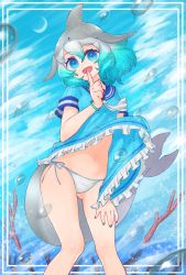 Rule 34 | 1girl, :d, aqua hair, blue eyes, clothes lift, common bottlenose dolphin (kemono friends), finger to mouth, green hair, highres, kemono friends, kemono friends 2, looking at viewer, multicolored hair, navel, notora, open mouth, panties, sailor collar, shushing, side-tie panties, skirt, skirt lift, smile, solo, string panties, tail, underwater, underwear