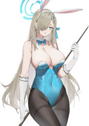 Rule 34 | 1girl, absurdres, alios arvin, animal ears, asuna (blue archive), asuna (bunny) (blue archive), bare shoulders, black pantyhose, blue archive, blue bow, blue bowtie, blue eyes, blue leotard, blush, bow, bowtie, breasts, brown hair, cleavage, commentary, covered navel, cowboy shot, cue stick, detached collar, elbow gloves, fake animal ears, gloves, hair over one eye, hairband, halo, highres, holding, large breasts, leotard, long hair, looking at viewer, mole, mole on breast, pantyhose, parted lips, playboy bunny, rabbit ears, simple background, smile, solo, strapless, strapless leotard, symbol-only commentary, thighband pantyhose, traditional bowtie, very long hair, white background, white gloves, white hairband