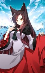 Rule 34 | 1girl, animal ears, blue flower, blush, breasts, brooch, brown hair, closed mouth, clothes lift, cloud, dress, dress lift, flower, imaizumi kagerou, jewelry, lifted by self, long hair, looking at viewer, medium breasts, official art, red dress, red eyes, roh nam kyung, sky, smile, solo, standing, third-party source, touhou, touhou cannonball, two-tone dress, white dress, wolf ears