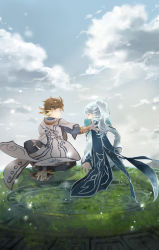 Rule 34 | 10s, 1boy, 2boys, bad id, bad pixiv id, blue hair, brown hair, cloud, day, earrings, closed eyes, gloves, highres, jewelry, jusc0, long hair, looking at another, male focus, mikleo (tales), multiple boys, outdoors, ponytail, sky, smile, sorey (tales), spoilers, tales of (series), tales of zestiria