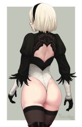 Rule 34 | 1girl, android, ass, back cutout, black thighhighs, blindfold, brown background, clothing cutout, feather-trimmed sleeves, from behind, hairband, highleg, highleg leotard, highres, leotard, long sleeves, mole, mole under mouth, nier (series), nier:automata, razalor, short hair, silver hair, simple background, solo, thighhighs, 2b (nier:automata)