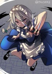 Rule 34 | 1girl, apron, between fingers, black bow, black bowtie, black footwear, blue dress, blue eyes, bow, bowtie, braid, closed mouth, dress, from above, full body, green bow, grey hair, hair bow, highres, holding, holding knife, izayoi sakuya, knife, looking at viewer, maid, maid headdress, short sleeves, side braids, solo, standing, touhou, tousen, twin braids, twitter username, v-shaped eyebrows, waist apron, white apron, white legwear