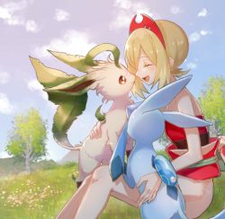 Rule 34 | 1girl, :d, blonde hair, blush, bracelet, closed eyes, cloud, commentary request, creatures (company), day, game freak, gen 4 pokemon, glaceon, grass, hairband, happy, irida (pokemon), jewelry, leafeon, lower teeth only, mozu (teluto), nintendo, open mouth, outdoors, pokemon, pokemon (creature), pokemon legends: arceus, red hairband, red shirt, sash, shirt, short hair, shorts, sitting, sky, smile, strapless, strapless shirt, teeth, tongue, tree, white shorts