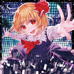 Rule 34 | 1girl, ahoge, album cover, ascot, backlighting, black skirt, blonde hair, bow, cover, frilled shirt collar, frilled skirt, frills, hair bow, light particles, long sleeves, looking at viewer, open mouth, outstretched arms, perspective, red bow, red eyes, rumia, shirt, short hair, skirt, skirt set, smile, solo, spread arms, taranboman, teeth, touhou, vest, white shirt