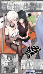 Rule 34 | 2girls, absurdres, bag, black footwear, black hair, black shirt, black shorts, blue eyes, breasts, cellphone, choker, cleavage, closed mouth, collar, detached sleeves, earrings, elbow sleeves, freckles, frills, glasses, gorgeous mushroom, green eyes, hair tie, handbag, highres, holding, holding phone, jewelry, large breasts, low tied hair, mask, mouth mask, multiple girls, necklace, open mouth, original, pantyhose, phone, see-through, shirt, short shorts, short sleeves, shorts, sitting, skirt, sleeveless, sleeveless shirt, smartphone, surgical mask, sweatdrop, train, train interior, translation request, white hair, white shirt
