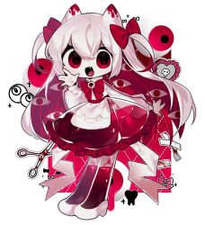 Rule 34 | 1girl, :d, animal ears, blonde hair, blood, bow, bowtie, chibi, colored inner hair, commentary, disembodied eye, fang, frilled skirt, frills, full body, hair bow, hand up, highres, long hair, long sleeves, looking at viewer, multicolored hair, nanle, open mouth, original, red bow, red bowtie, red eyes, red hair, scissors, shirt, shoes, skirt, smile, solo, two side up, very long hair, white footwear, white hair, white shirt