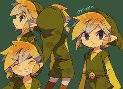 Rule 34 | 1boy, artist name, blonde hair, blush, closed eyes, commentary request, frown, green background, green headwear, hat, link, long sleeves, looking to the side, looking up, male focus, multiple views, nintendo, pointy ears, simple background, smile, sweatdrop, teeth, the legend of zelda, tokuura, tunic, twitter username, watermark