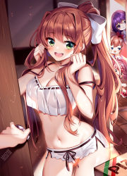 Rule 34 | 1other, 4girls, :d, bare arms, bare shoulders, bow, breasts, brown hair, camisole, cleavage, contrapposto, crop top, crop top overhang, doki doki literature club, green eyes, groin, hair bow, hands up, highres, large breasts, long hair, looking at viewer, micro shorts, midriff, monika (doki doki literature club), multiple girls, natsuki (doki doki literature club), navel, open mouth, pizza box, ponytail, pov, purple eyes, purple hair, sayori (doki doki literature club), see-through, see-through silhouette, shirt, short shorts, shorts, side slit, sleeveless, sleeveless shirt, smile, solo focus, spaghetti strap, squchan, stomach, strap slip, thighs, underwear, underwear only, very long hair, white shirt, white shorts, yuri (doki doki literature club)
