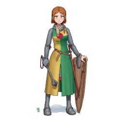 Rule 34 | 1girl, absurdres, armor, belt, brown hair, chainmail, flanged mace, flower, highres, holding, holding mace, holding shield, knight, original, ostwindprojekt, red flower, red rose, rose, sheath, shield, signature, simple background, spurs, surcoat, sword, weapon, white background, yellow eyes