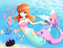 Rule 34 | 1girl, absurdres, bare shoulders, bright pupils, chinchou, creatures (company), earrings, game freak, gen 1 pokemon, gen 2 pokemon, gen 3 pokemon, gen 7 pokemon, gorebyss, green eyes, hair ornament, highres, horsea, jewelry, long hair, looking at viewer, luvdisc, mermaid, mermaid costume, mermaid misty (pokemon), misty (pokemon), monster girl, necklace, nintendo, orange hair, pokemon, pokemon (anime), pokemon (classic anime), pokemon (creature), pyukumuku, shell, shell bikini, smile, sunlight, underwater, white pupils