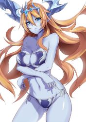 Rule 34 | 1girl, bad id, bad twitter id, bikini, blonde hair, blue eyes, blue skin, blush, breast hold, breasts, colored skin, cowboy shot, crossed arms, demon girl, floating hair, gluteal fold, hera-is (p&amp;d), hera (p&amp;d), highres, horns, large breasts, long hair, looking at viewer, navel, pointy ears, puuzaki puuna, puzzle &amp; dragons, solo, swimsuit