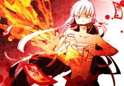 Rule 34 | 1girl, blurry, calligraphy brush, clenched hand, crashtv, depth of field, fire, floating hair, fujiwara no mokou, grin, hair ornament, hair ribbon, long hair, mouth hold, ofuda, outstretched arm, paint splatter, paintbrush, red eyes, ribbon, sarashi, smile, solo, touhou, tress ribbon, unworn hair ornament