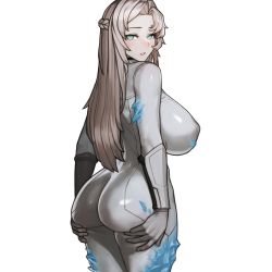 Rule 34 | 1girl, aqua eyes, ass, ass grab, ass support, bad id, bad pixiv id, blush, bodysuit, braid, breasts, female focus, from behind, grabbing own ass, hands on ass, huge breasts, ice, last origin, long hair, looking at viewer, looking back, mnemosyne (last origin), oo (nxvv3285), simple background, single braid, solo, white background, white hair