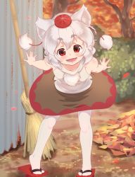 Rule 34 | 1girl, :d, absurdres, aged down, animal ears, autumn leaves, bamboo broom, bare arms, bare shoulders, black skirt, blush, breasts, broom, full body, geta, hat, highres, inubashiri momiji, leaning forward, looking at viewer, open mouth, outdoors, pantyhose, pom pom (clothes), red eyes, shirt, short hair, skirt, sleeveless, sleeveless shirt, small breasts, smile, solo, tochinoko, tokin hat, touhou, white hair, white pantyhose, white shirt, wolf ears