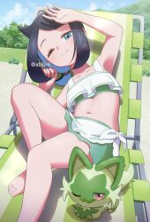 Rule 34 | 1girl, ;), absurdres, armpits, barefoot, beach, beach chair, bikini, black hair, blue eyes, blue hair, breasts, closed mouth, colored inner hair, creatures (company), game freak, highres, liko (pokemon), looking at viewer, multicolored hair, navel, nintendo, on chair, one eye closed, outdoors, palm tree, pokemer, pokemon, pokemon (anime), pokemon (creature), pokemon horizons, signature, small breasts, smile, sprigatito, swimsuit, tree