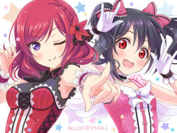 Rule 34 | 10s, 2girls, :d, ;), \m/, bad id, bad pixiv id, black hair, bow, braid, breasts, character name, choker, collarbone, double \m/, gloves, hair bow, hair ornament, hair ribbon, love live!, love live! school idol festival, love live! school idol project, multiple girls, nico nico nii, nishikino maki, one eye closed, open mouth, pinstripe pattern, pointing, pointing at viewer, purple eyes, red eyes, red hair, ribbon, sleeveless, small breasts, smile, striped, twintails, vertical stripes, white gloves, wrist cuffs, yazawa nico, yuuki (yukinko-02727)
