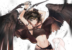 Rule 34 | 1girl, armpits, arms up, bare shoulders, black hair, black wings, blonde hair, borrowed character, cape, cowboy shot, dagger, dual wielding, earrings, grey eyes, holding, holding weapon, jewelry, knife, looking at viewer, midriff, mins (minevi), multicolored hair, navel, navel piercing, original, parted lips, piercing, simple background, solo, two-tone hair, weapon, white background, wings, wrist cuffs