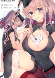 Rule 34 | 10s, 1girl, anchor, artist name, ass, asymmetrical legwear, belt, between breasts, black shirt, blouse, blue eyes, blush, breasts, brown hair, cake, cleavage, eyebrows, food, hair between eyes, heart, highres, kantai collection, large breasts, long hair, looking at viewer, magazine (weapon), milestone celebration, multiple views, neckerchief, obiwan, open clothes, open shirt, pocket, ponytail, red belt, red neckerchief, red thighhighs, remodel (kantai collection), saratoga (kancolle), shirt, short sleeves, sideboob, simple background, smile, spoon, thighhighs, torn clothes, translation request, twitter username, uneven legwear