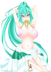 Rule 34 | 1girl, armpits, arms behind head, arms up, bare shoulders, bikini, blush, breasts, clamshell, cleavage, closed mouth, collarbone, curvy, female focus, full body, green hair, green heart (neptunia), groin, highres, hip focus, ill (0022), large breasts, long hair, looking at viewer, navel, neptune (series), ponytail, power symbol, purple eyes, seashell, shell, shell bikini, shiny skin, solo, stomach, string bikini, swimsuit, symbol-shaped pupils, vert (neptunia), very long hair, wide hips