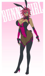 Rule 34 | 1girl, animal ears, bare shoulders, blue eyes, boots, border, breasts, commentary request, covered navel, dark-skinned female, dark skin, elbow gloves, fake animal ears, fake tail, fingerless gloves, full body, gloves, gradient background, hair between eyes, hairband, high heel boots, high heels, izuna nie, large breasts, leotard, looking at viewer, necktie, original, pantyhose, pink background, playboy bunny, rabbit ears, rabbit tail, sleeveless, solo, standing, strapless, strapless leotard, tail, thigh boots, thighhighs, white border, wrist cuffs