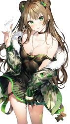 Rule 34 | 1girl, :p, ahoge, bare shoulders, black dress, blush, bow, breasts, brown hair, camouflage, camouflage jacket, character name, choker, cleavage, collarbone, dated, dog tags, double bun, dress, fingerless gloves, fur trim, girls&#039; frontline, gloves, green bow, green eyes, hair bow, hair bun, head tilt, highres, jacket, long hair, looking at viewer, medium breasts, off shoulder, rfb (girls&#039; frontline), short dress, sidelocks, smile, solo, tongue, tongue out, umibouzu (niito), v