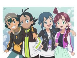 Rule 34 | 2boys, 2girls, ahoge, alternate costume, alternate hairstyle, antenna hair, aqua skirt, ash ketchum, beanie, black hair, black jacket, blouse, blue background, blue eyes, blue hair, braid, brown eyes, chloe (pokemon), commentary, creatures (company), dawn (pokemon), english commentary, flechuzita, flower, game freak, goh (pokemon), green eyes, grey headwear, grin, hair flower, hair ornament, hairclip, hand on another&#039;s shoulder, hand on own hip, happy, hat, highres, hood, hoodie, jacket, jewelry, long hair, multicolored clothes, multicolored hair, multiple boys, multiple girls, nintendo, open mouth, outside border, pendant, pentagon (shape), pentagon bubbles, pikachu print, pokemon, pokemon (anime), pokemon (creature), pokemon bdsp, pokemon journeys, pokemon print, ponytail, print shirt, purple hair, purple jacket, scrunchie, shirt, short hair, short twintails, signature, skirt, smile, spiked hair, striped sleeves, studded jacket, tagme, twin braids, twintails, two-tone background, two-tone hair, white shirt, zipper