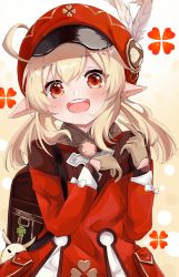 Rule 34 | 1girl, ahoge, backpack, bag, beret, blonde hair, blush, brown gloves, cabbie hat, commentary, dress, english commentary, feathers, genshin impact, gloves, hair between eyes, hat, highres, kaya (tyhk7874), klee (genshin impact), long hair, long sleeves, looking at viewer, open mouth, pointy ears, red dress, red eyes, red hat, smile, solo