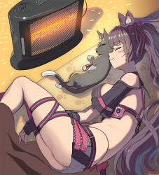 1girl animal_ear_fluff animal_ears ass bare_shoulders bikini black_bikini black_gloves black_skirt blanket blush_stickers breasts brown_hair cat cat_ears cat_girl cat_tail chest_harness cleavage closed_eyes closed_mouth commentary_request covered_erect_nipples fingerless_gloves gloves goddess_of_victory:_nikke hair_between_eyes hair_ribbon harness heater highres large_breasts long_hair lying nero_(nikke) on_bed on_side paw_print pink_thighhighs pleated_sleeves pouch revision ribbon ruru_(nikke) shadow sidelocks single_thighhigh skirt sleeping stomach string_bikini swimsuit syope tail thighhighs twintails two-tone_skirt white_skirt