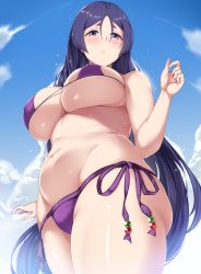 Rule 34 | 1girl, beads, belly, bikini, blue sky, blush, breasts, cloud, commentary request, covered erect nipples, curvy, day, eyepatch bikini, fate/grand order, fate (series), from below, highres, hip focus, large breasts, legs together, long hair, looking down, minamoto no raikou (fate), minamoto no raikou (fate/grand order), minamoto no raikou (swimsuit lancer) (fate), moisture (chichi), navel, outdoors, parted bangs, parted lips, plump, purple bikini, purple eyes, purple hair, shiny skin, side-tie bikini bottom, side-tie bottom, sky, solo, standing, stomach, swimsuit, thighs, underboob, very long hair, wide hips