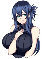 Rule 34 | 1girl, absurdres, arm between breasts, between breasts, blue eyes, blue hair, breasts, dark blue hair, highres, huge breasts, hz (666v), long hair, looking to the side, original, ribbed sweater, sidelocks, simple background, sleeveless, sleeveless sweater, smile, sweater, upper body, white background