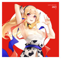 Rule 34 | 1girl, 2021, animal print, armpits, bell, blonde hair, breasts, collar, cow horns, cow print, fake horns, happy new year, highres, horns, long hair, looking at viewer, neck bell, new year, noir (4chan), obi, open mouth, orange ribbon, original, pink eyes, red background, resolution mismatch, ribbon, round teeth, sash, short eyebrows, small breasts, solo, source smaller, strapless, teeth, thick eyebrows, tube top