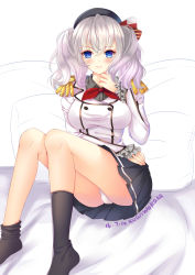 Rule 34 | 10s, 1girl, 2016, absurdres, artist name, black skirt, black socks, blue eyes, blush, breasts, dated, highres, kantai collection, kashima (kancolle), long hair, looking at viewer, lying, on back, panties, pleated skirt, signature, silver hair, skirt, smile, socks, solo, twintails, underwear, white panties, xuanwo kaka