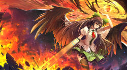 Rule 34 | 1girl, :/, album cover, arm cannon, arm up, bird wings, black thighhighs, bow, brown hair, brown wings, cape, cibo (killy), closed mouth, collared shirt, commentary, control rod, cover, cowboy shot, feathered wings, fire, frilled shirt collar, frilled skirt, frills, green bow, green skirt, hair between eyes, hair bow, highres, long hair, looking at viewer, puffy short sleeves, puffy sleeves, red eyes, reiuji utsuho, rock, shirt, short sleeves, single thighhigh, skirt, sleeve cuffs, solo, starry sky print, sun, thighhighs, third eye, touhou, two-sided cape, two-sided fabric, very long hair, weapon, white cape, white shirt, wings