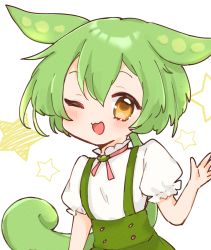 Rule 34 | 1girl, blush, green hair, green suspenders, highres, looking at viewer, nepiui38, one eye closed, open mouth, puffy sleeves, shirt, short hair, short sleeves, solo, star (symbol), suspenders, voicevox, white background, white shirt, yellow eyes, zundamon