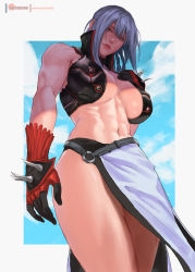 Rule 34 | 1girl, abs, aranea highwind, artist name, belt, breasts, collar, final fantasy, final fantasy xv, gloves, hair between eyes, high collar, lips, looking down, muscular, muscular female, o-ring, o-ring belt, patreon logo, patreon username, rejean dubois, sarong, shadow, silver hair, square enix, standing, stomach, tagme, thighs, toned, watermark