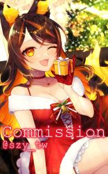 Rule 34 | 1girl, animal ears, bow, brown hair, colored inner hair, commission, dress, eyebrows hidden by hair, fur trim, gift, gloves, highres, holding, holding gift, indie virtual youtuber, multicolored hair, off-shoulder dress, off shoulder, one eye closed, orange hair, red bow, red dress, red gloves, santa dress, shizuya (szy tw), sinder (vtuber), skeb commission, smile, solo, streaked hair, virtual youtuber, wolf ears, wolf girl