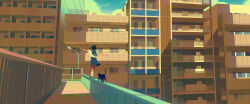 1girl balancing balcony black_cat black_hair black_shoes blouse blue_neckerchief blue_skirt blue_sky building cat chuwenjie city cityscape cloud commentary day english_commentary facing_away high_up highres lamppost neckerchief on_railing original outstretched_arms railing rooftop scenery school_uniform serafuku shadow shirt shoes short_hair skirt sky socks solo sunlight walking walking_on_railing white_shirt white_socks