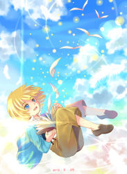 Rule 34 | 10s, 1boy, 2013, armin arlert, blonde hair, blue eyes, blue sky, blush, book, child, cloud, dated, feathers, highres, jacket, male focus, moxue qianxi, open mouth, outdoors, pants, shingeki no kyojin, shirt, shoes, sky, solo, suspenders
