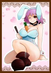 Rule 34 | 1girl, ;), adapted costume, animal ears, arano oki, arm support, bare legs, bare shoulders, between breasts, body blush, boots, breasts, carrot, choker, cleavage, collarbone, curvy, female focus, folded fan, folding fan, hand fan, heart, hip focus, large breasts, leotard, one eye closed, pink hair, playboy bunny, rabbit ears, red eyes, saigyouji yuyuko, shiny skin, short hair, sitting, smile, solo, thighs, touhou, wink, wrist cuffs