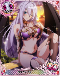 Rule 34 | 1girl, antenna hair, arm support, blue eyes, breasts, card (medium), chess piece, demon girl, demon wings, detached sleeves, grey hair, hair between eyes, heart, high school dxd, high school dxd infinity, large breasts, long hair, looking at viewer, navel, official art, one eye closed, outdoors, rook (chess), rossweisse, sitting, smile, solo, thighhighs, torn clothes, very long hair, wings