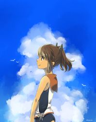 Rule 34 | 10s, 1girl, bird, brown eyes, brown hair, cloud, day, from side, i-401 (kancolle), kantai collection, looking away, moca blanc, ponytail, school swimsuit, school uniform, serafuku, sky, smile, solo, swimsuit, swimsuit under clothes, wind